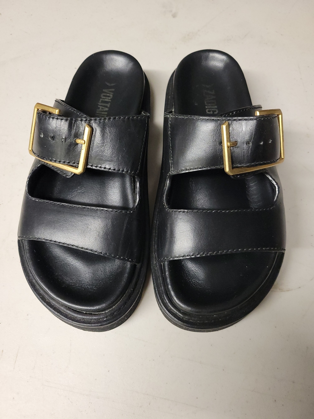 Zadig & Voltaire Black Leather Slide Sandals with Gold Buckles